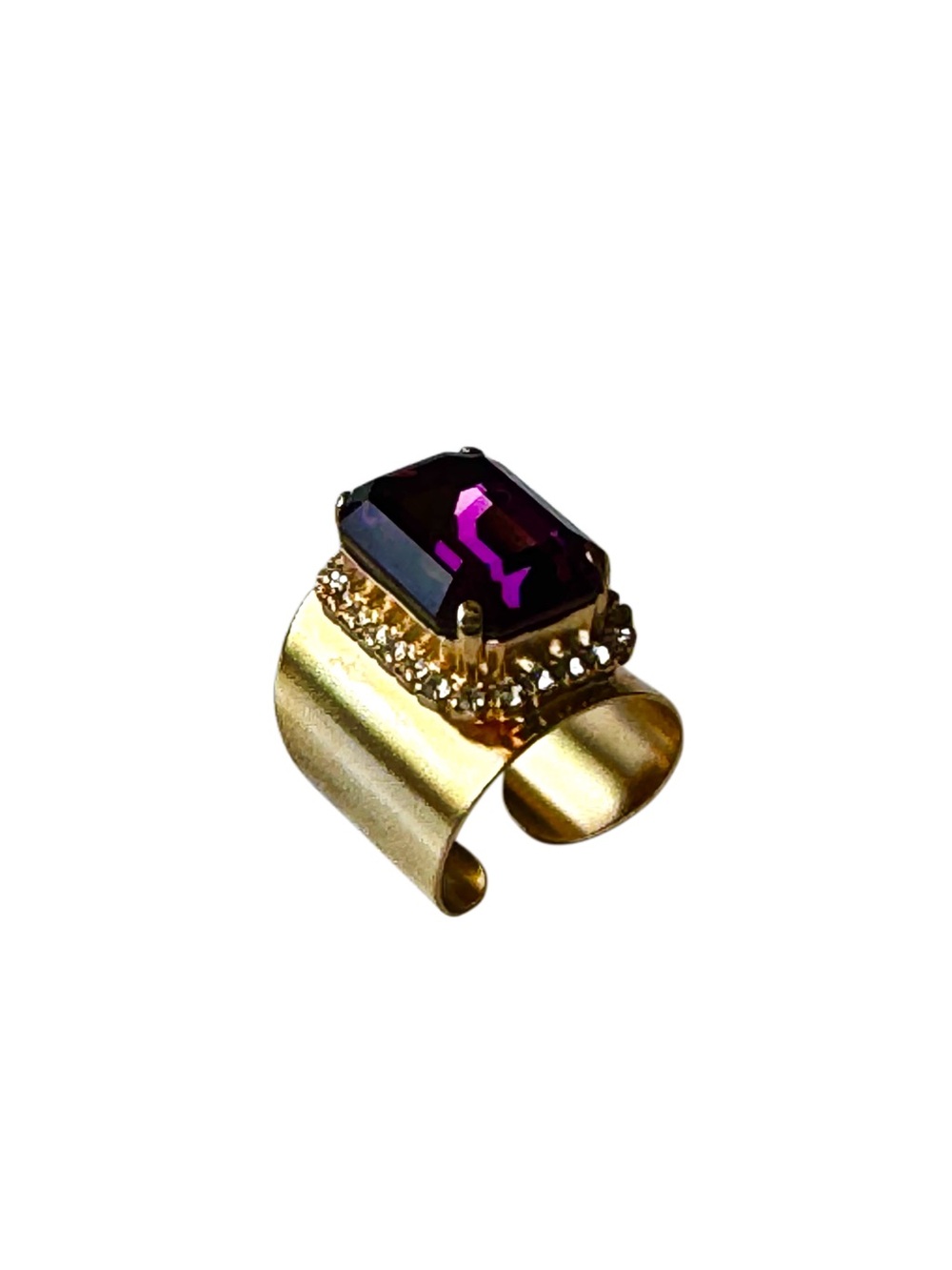 Wide Gold Swavorski Amethyst Octagon Ring paved Clear Crystal Rhinestones Halo